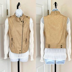 Blanc Noir Asymmetrical zip-up faux leather vest, Biker Jacket, Tan Women Size L